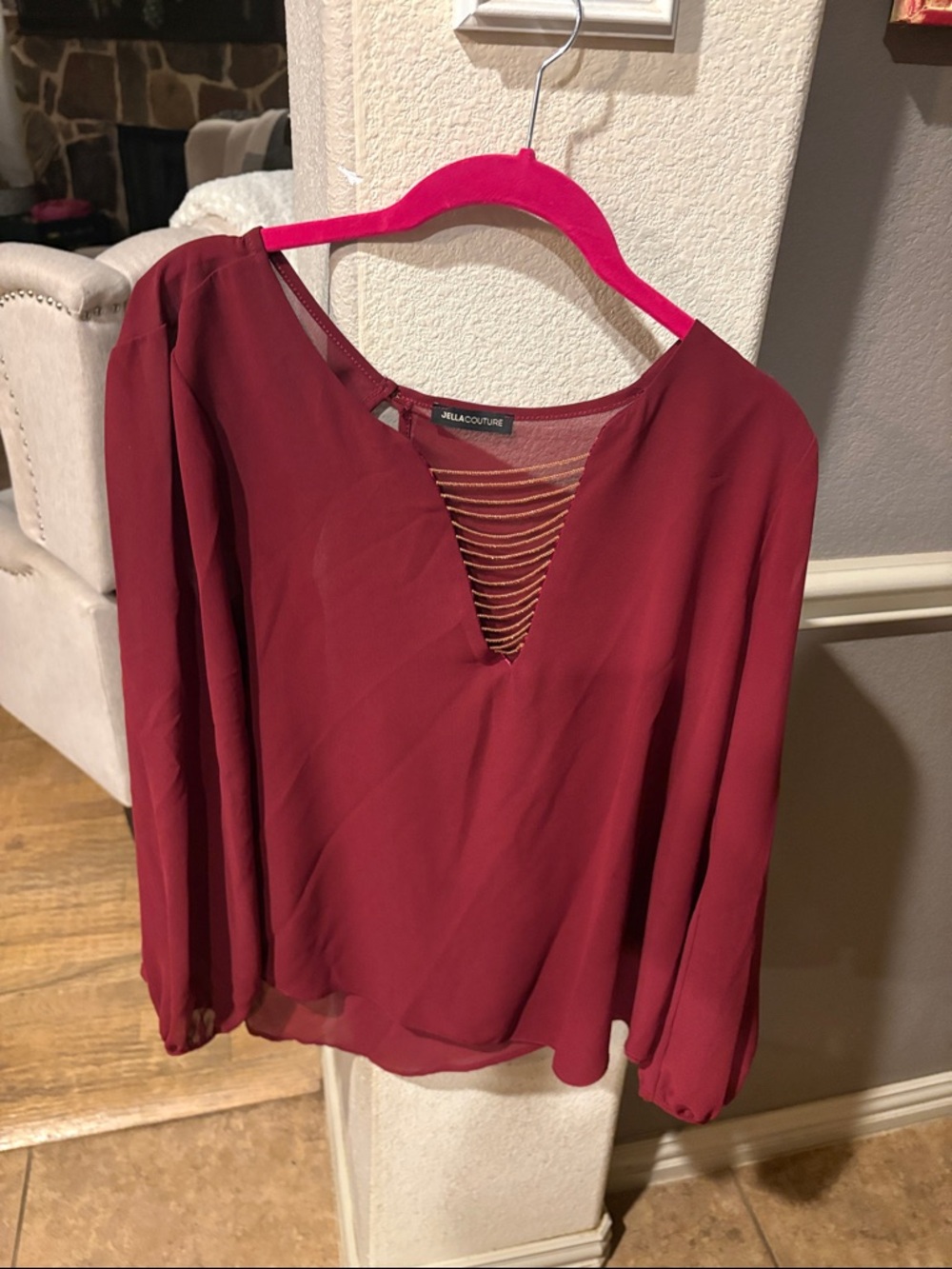 Jella Couture Wine V-Neck Long-Sleeve Blouse with Ladder Detail